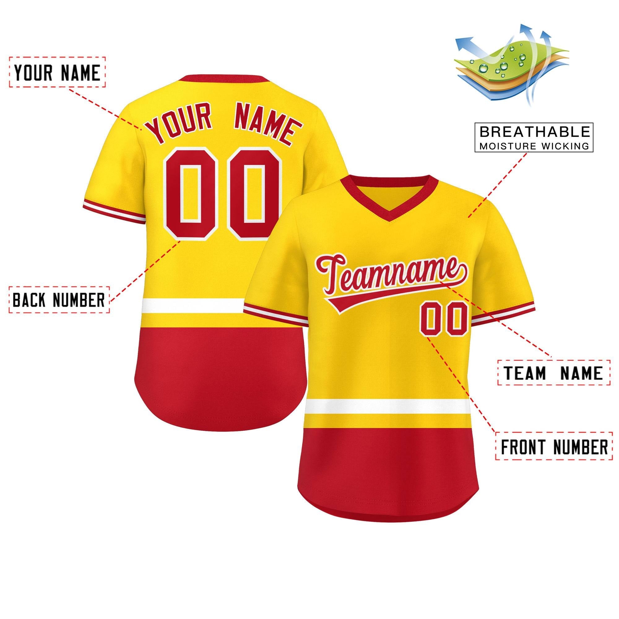 Custom Gold White-Red Color Block Personalized V-Neck Authentic Pullover Baseball Jersey