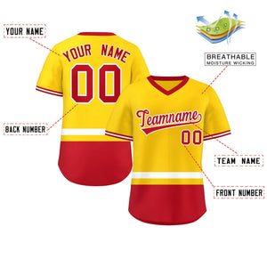 Custom Gold White-Red Color Block Personalized V-Neck Authentic Pullover Baseball Jersey