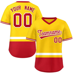 Custom Gold White-Red Color Block Personalized V-Neck Authentic Pullover Baseball Jersey