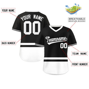 Custom Black White Color Block Personalized V-Neck Authentic Pullover Baseball Jersey