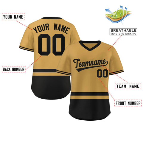 Custom Gold Black Color Block Personalized V-Neck Authentic Pullover Baseball Jersey