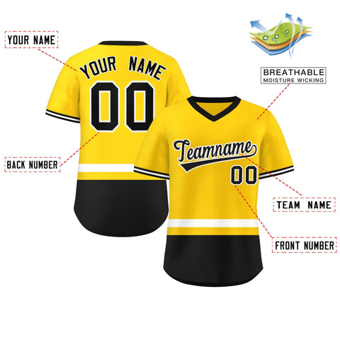 Custom Gold White-Black Color Block Personalized V-Neck Authentic Pullover Baseball Jersey