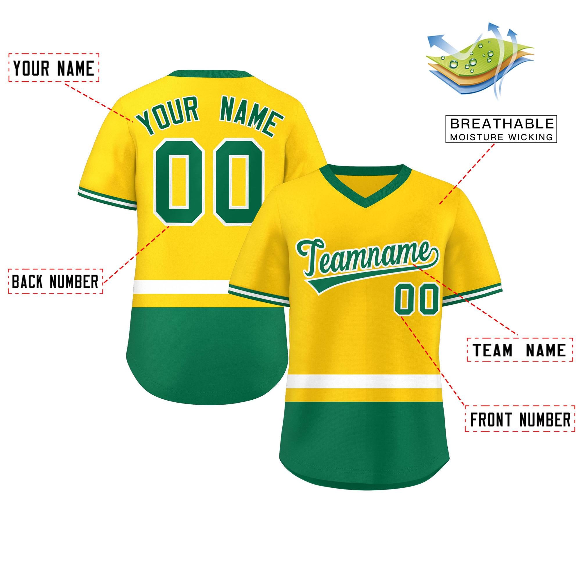 Custom Gold White-Kelly Green Color Block Personalized V-Neck Authentic Pullover Baseball Jersey