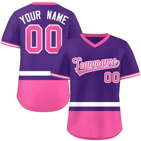 Custom Purple White-Pink Color Block Personalized V-Neck Authentic Pullover Baseball Jersey