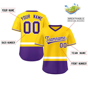 Custom Gold White-Purple Color Block Personalized V-Neck Authentic Pullover Baseball Jersey