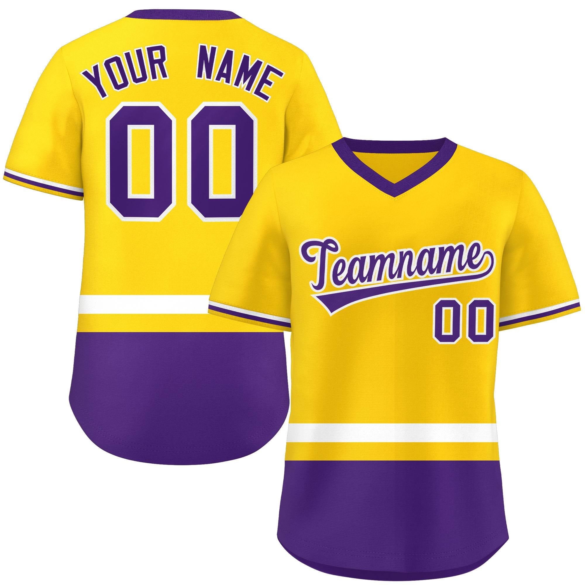 Custom Gold White-Purple Color Block Personalized V-Neck Authentic Pullover Baseball Jersey