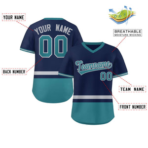 Custom Navy Gray-Aqua Color Block Personalized V-Neck Authentic Pullover Baseball Jersey