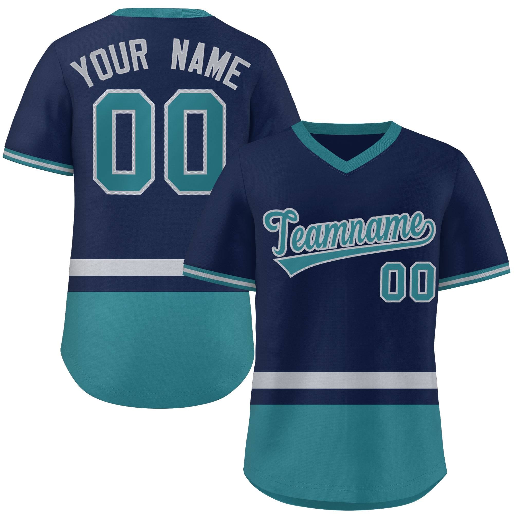 Custom Navy Gray-Aqua Color Block Personalized V-Neck Authentic Pullover Baseball Jersey