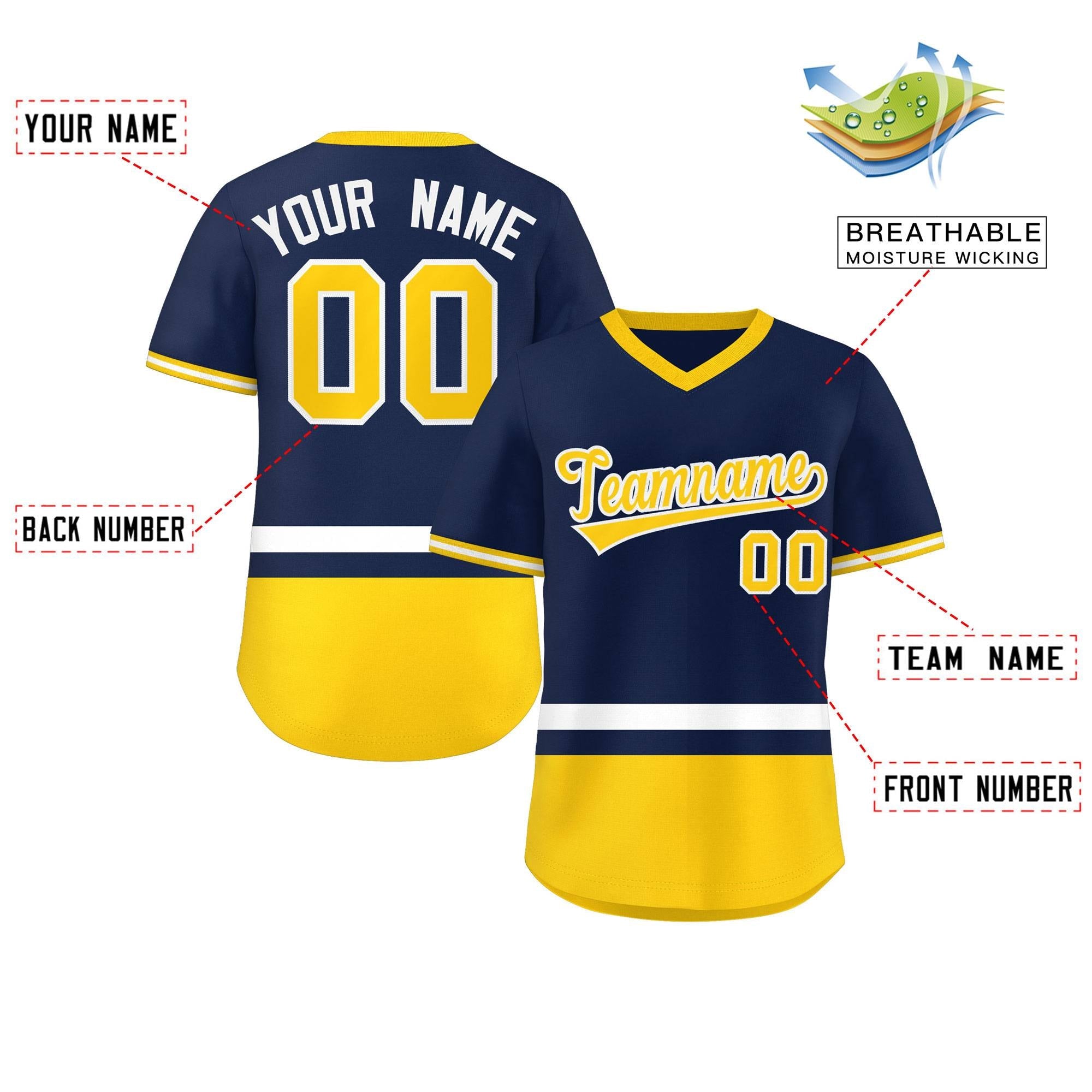 Custom Navy White-Gold Color Block Personalized V-Neck Authentic Pullover Baseball Jersey