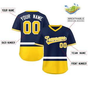 Custom Navy White-Gold Color Block Personalized V-Neck Authentic Pullover Baseball Jersey