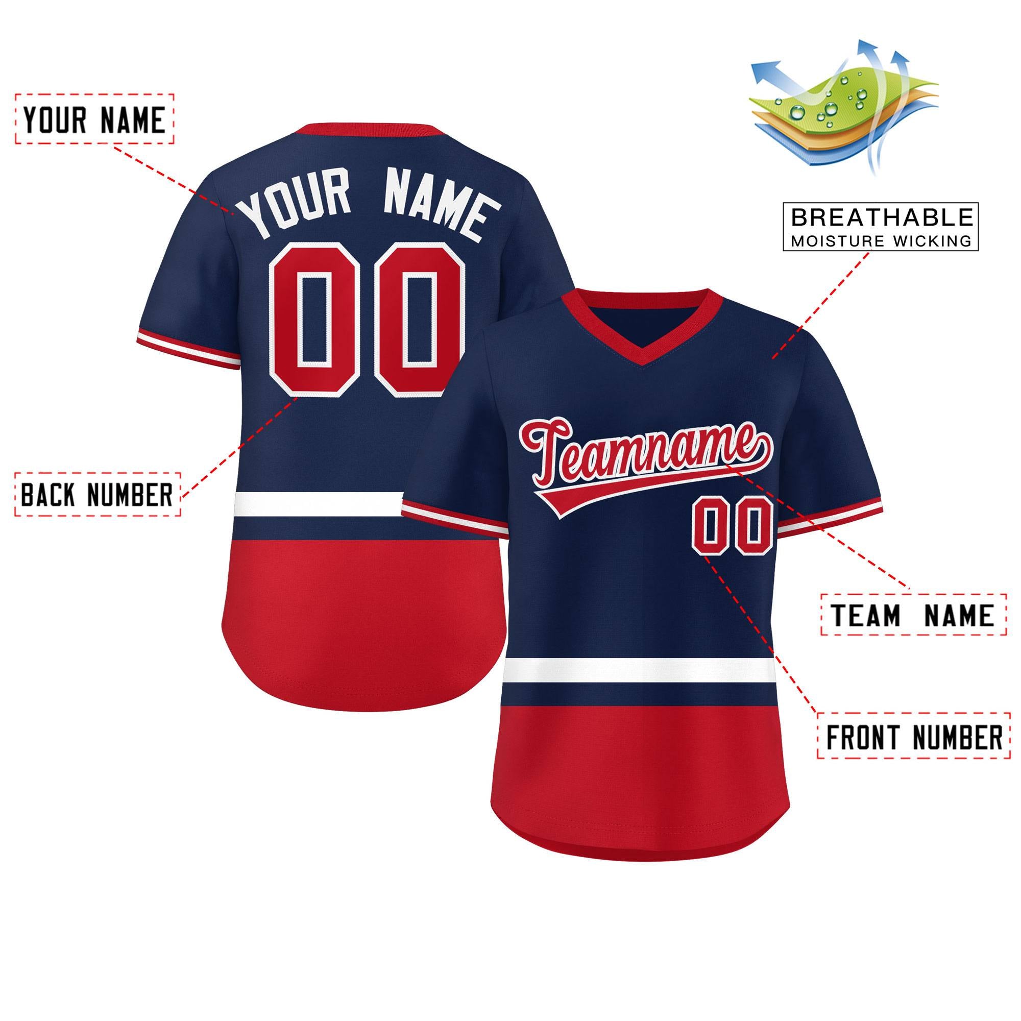 Custom Navy White-Red Color Block Personalized V-Neck Authentic Pullover Baseball Jersey