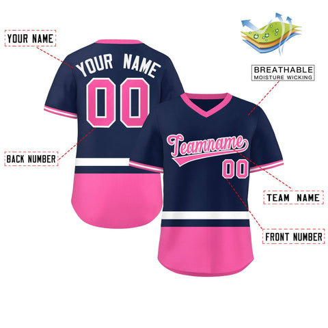 Custom Navy White-Pink Color Block Personalized V-Neck Authentic Pullover Baseball Jersey