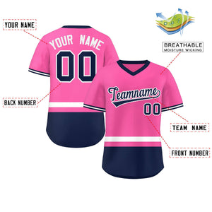 Custom Pink White-Navy Color Block Personalized V-Neck Authentic Pullover Baseball Jersey