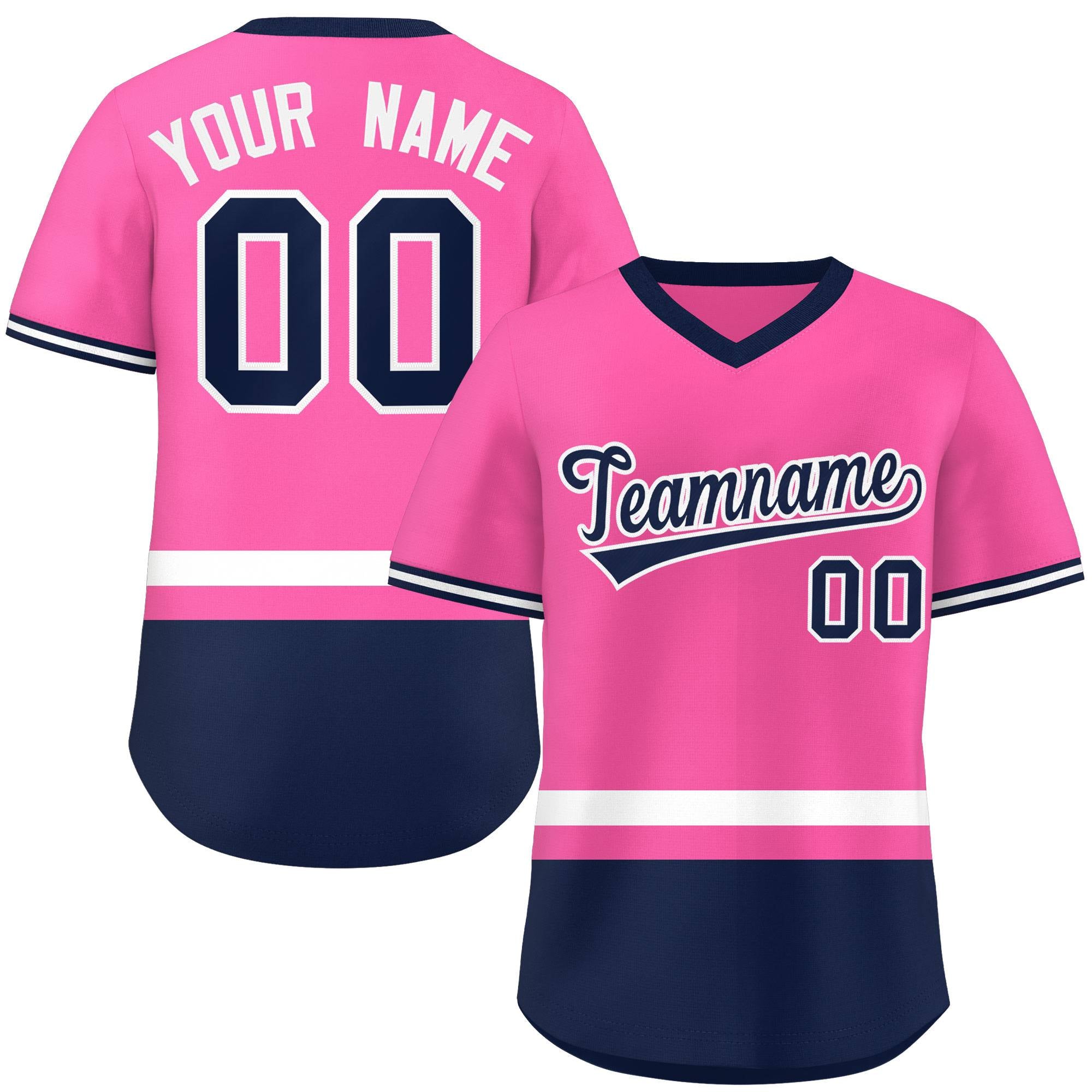 Custom Pink White-Navy Color Block Personalized V-Neck Authentic Pullover Baseball Jersey