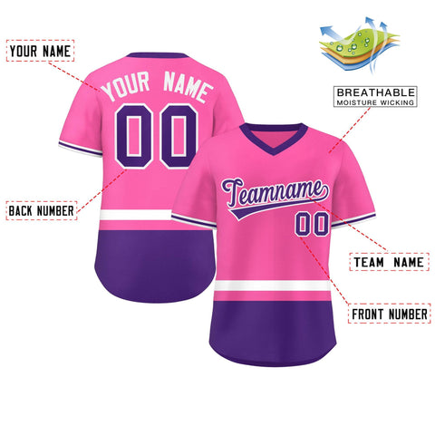 Custom Pink White-Purple Color Block Personalized V-Neck Authentic Pullover Baseball Jersey