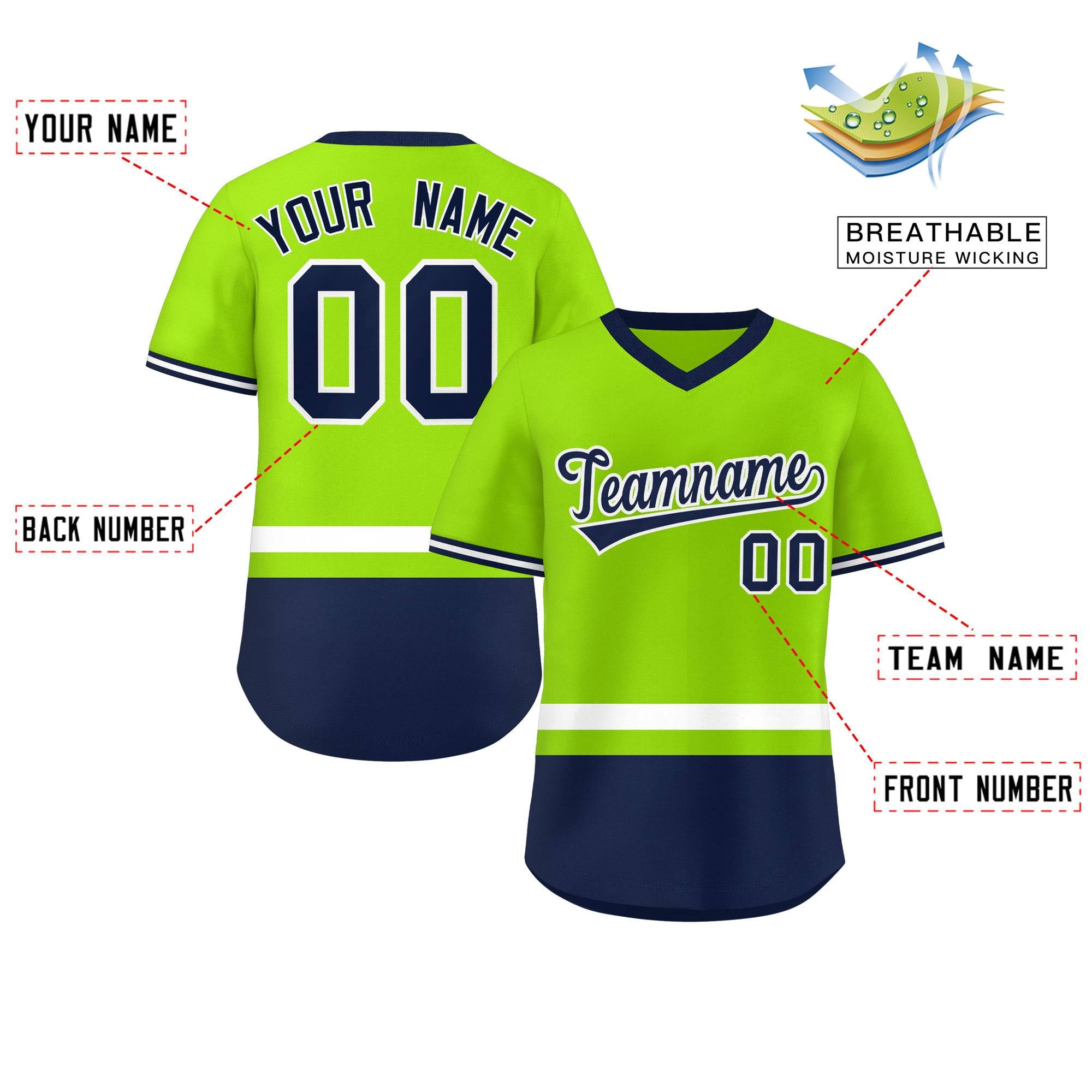 Custom Neon Green White-Navy Color Block Personalized V-Neck Authentic Pullover Baseball Jersey