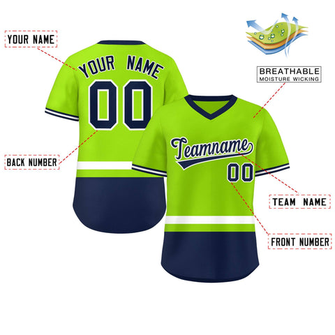 Custom Neon Green White-Navy Color Block Personalized V-Neck Authentic Pullover Baseball Jersey