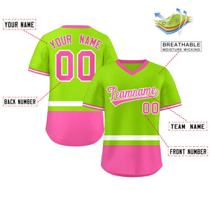 Custom Neon Green White-Pink Color Block Personalized V-Neck Authentic Pullover Baseball Jersey