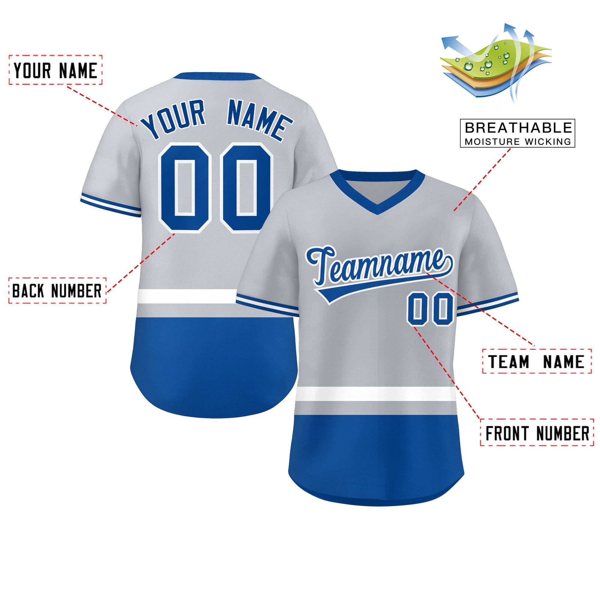 Custom Gray White-Royal Color Block Personalized V-Neck Authentic Pullover Baseball Jersey