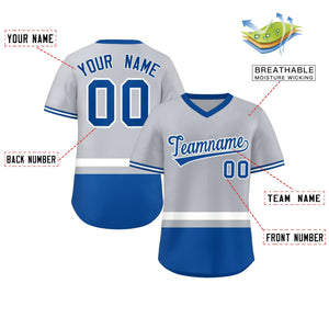 Custom Gray White-Royal Color Block Personalized V-Neck Authentic Pullover Baseball Jersey