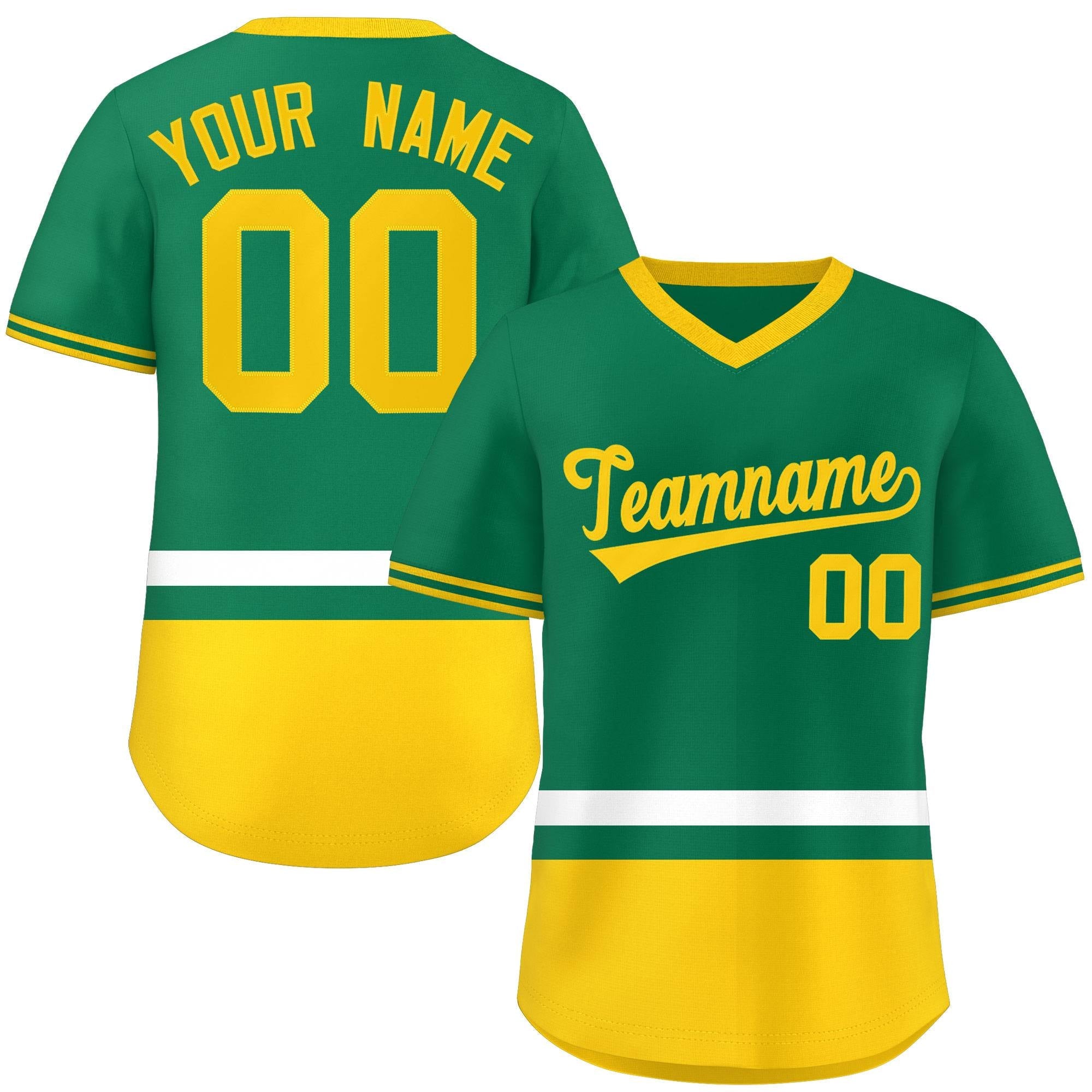 Custom Kelly Green White-Gold Color Block Personalized V-Neck Authentic Pullover Baseball Jersey