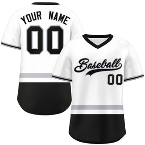 Custom White Gray-Black Color Block Personalized V-Neck Authentic Pullover Baseball Jersey