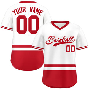 Custom White Red Color Block Personalized V-Neck Authentic Pullover Baseball Jersey