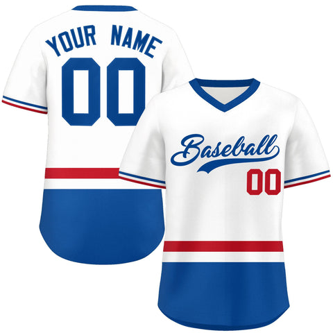 Custom White Red-Royal Color Block Personalized V-Neck Authentic Pullover Baseball Jersey