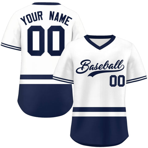Custom White Navy Color Block Personalized V-Neck Authentic Pullover Baseball Jersey