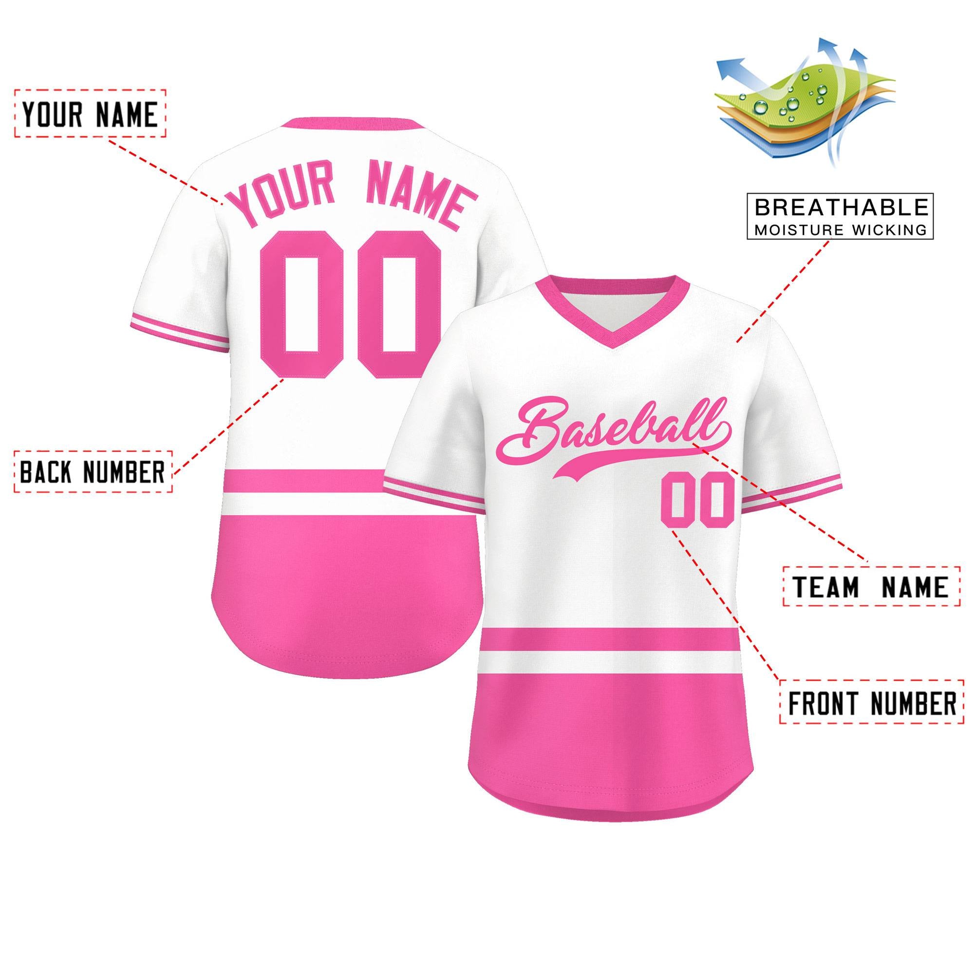 Custom White Pink Color Block Personalized V-Neck Authentic Pullover Baseball Jersey