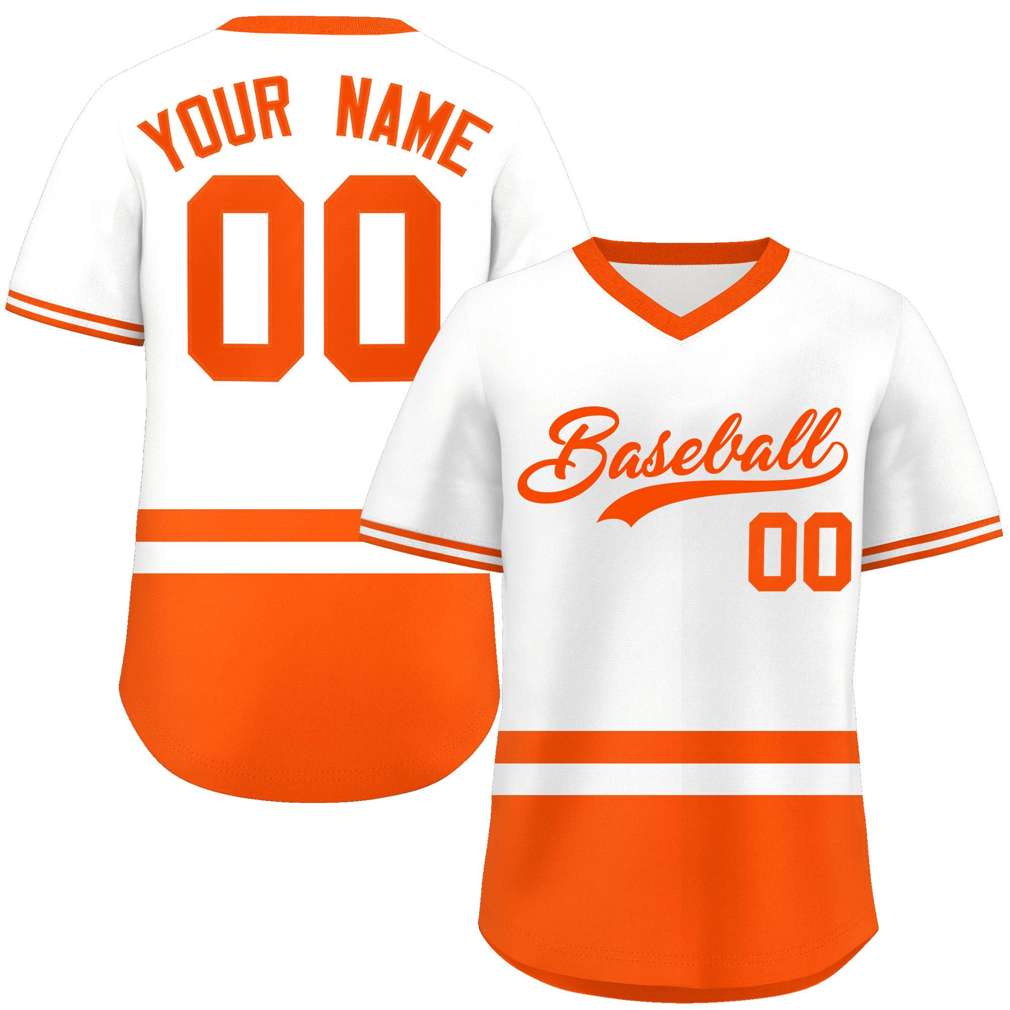 Custom White Orange Color Block Personalized V-Neck Authentic Pullover Baseball Jersey