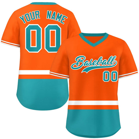 Custom Orange White-Aqua Color Block Personalized V-Neck Authentic Pullover Baseball Jersey