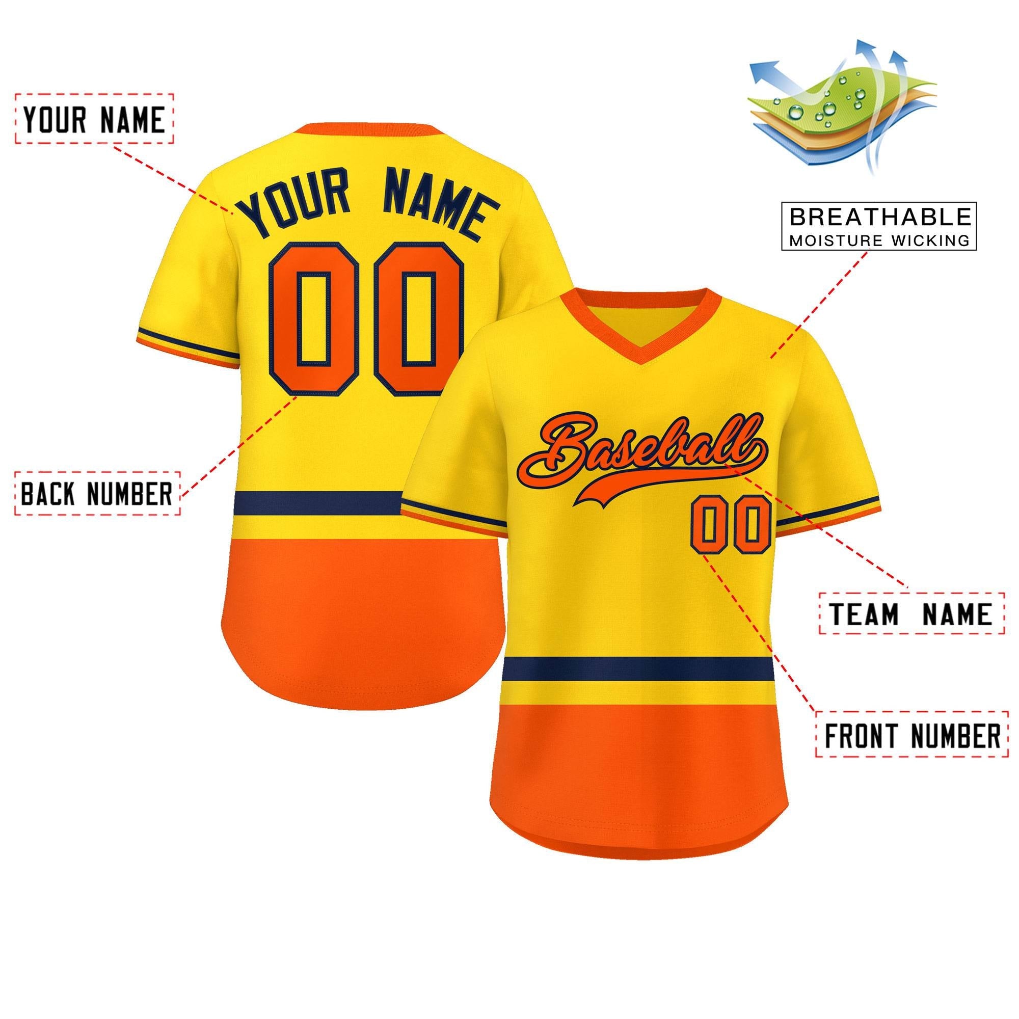 Custom Gold Navy-Orange Color Block Personalized V-Neck Authentic Pullover Baseball Jersey