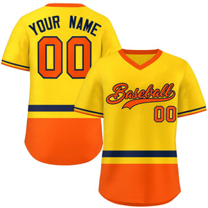 Custom Gold Navy-Orange Color Block Personalized V-Neck Authentic Pullover Baseball Jersey