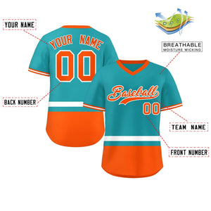 Custom Aqua White-Orange Color Block Personalized V-Neck Authentic Pullover Baseball Jersey