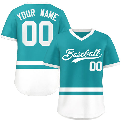 Custom Aqua White Color Block Personalized V-Neck Authentic Pullover Baseball Jersey