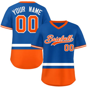 Custom Royal White-Orange Color Block Personalized V-Neck Authentic Pullover Baseball Jersey