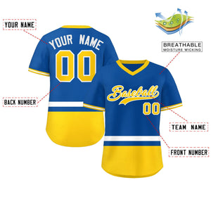 Custom Royal White-Gold Color Block Personalized V-Neck Authentic Pullover Baseball Jersey