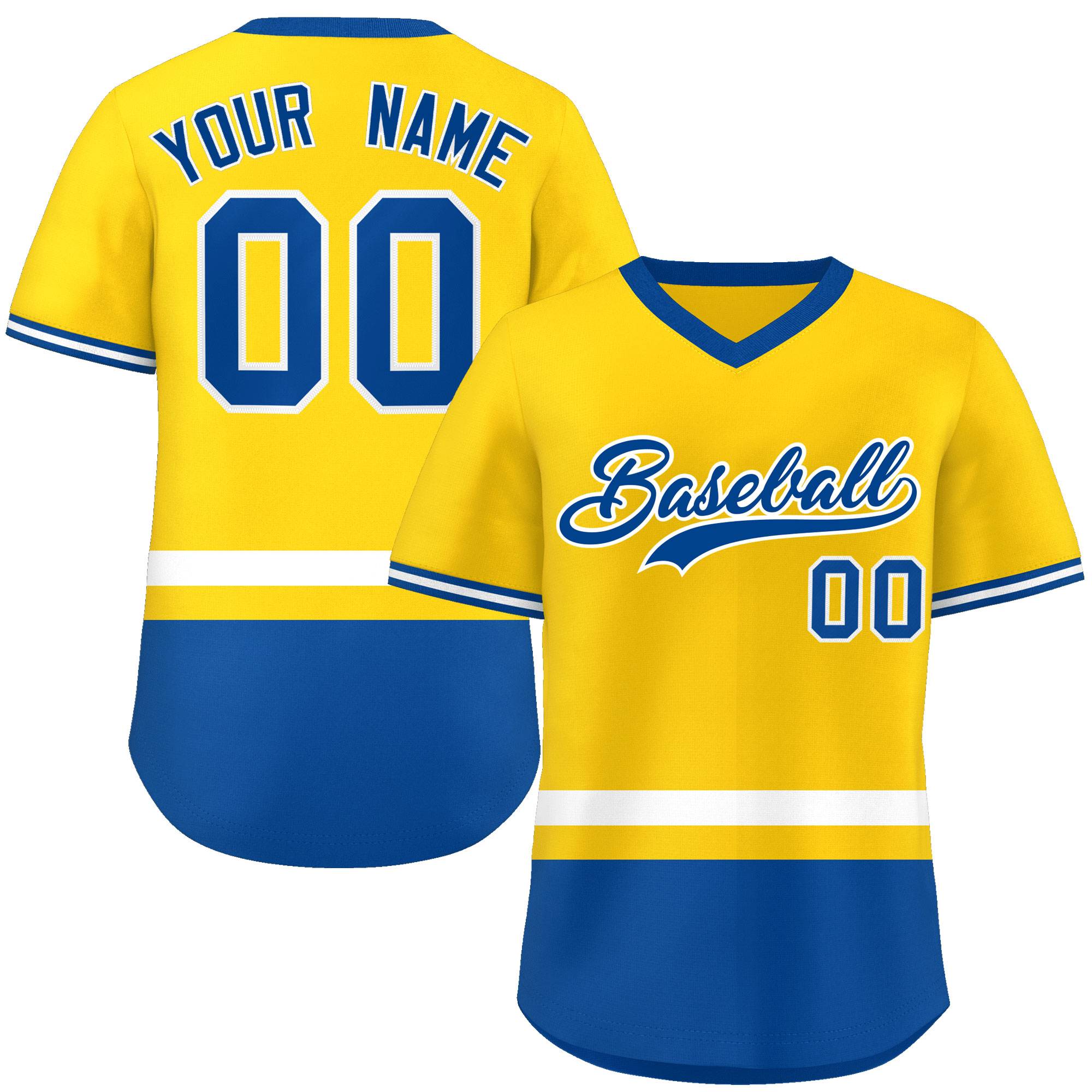 Custom Gold White-Royal Color Block Personalized V-Neck Authentic Pullover Baseball Jersey