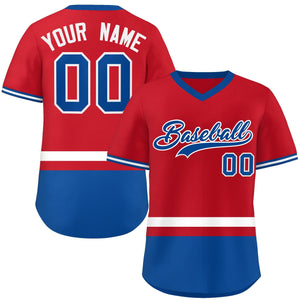 Custom Red White-Royal Color Block Personalized V-Neck Authentic Pullover Baseball Jersey