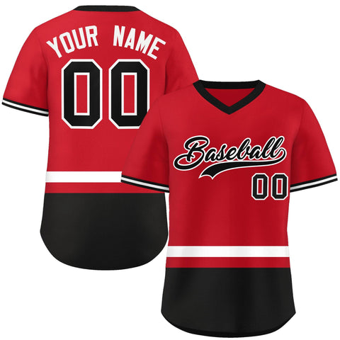 Custom Red White-Black Color Block Personalized V-Neck Authentic Pullover Baseball Jersey