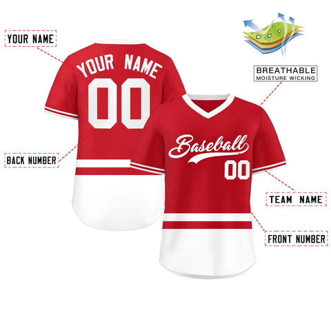 Custom Red White Color Block Personalized V-Neck Authentic Pullover Baseball Jersey