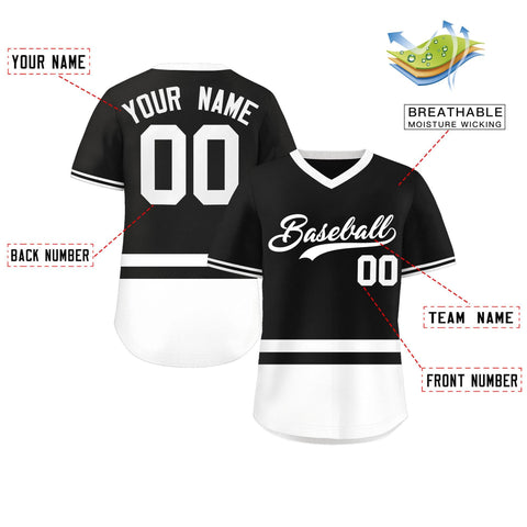 Custom Black White Color Block Personalized V-Neck Authentic Pullover Baseball Jersey