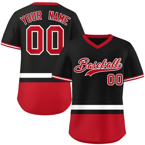 Custom Black White-Red Color Block Personalized V-Neck Authentic Pullover Baseball Jersey