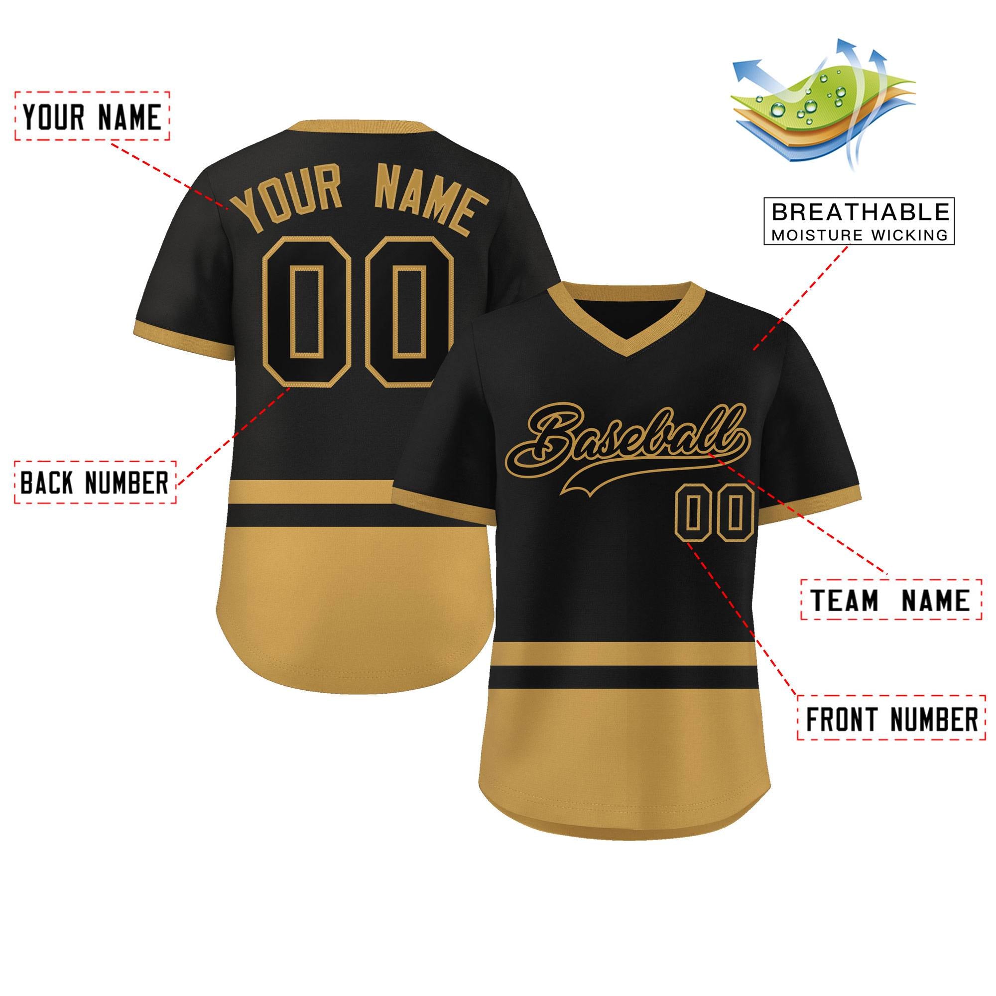 Custom Black Old Gold Color Block Personalized V-Neck Authentic Pullover Baseball Jersey