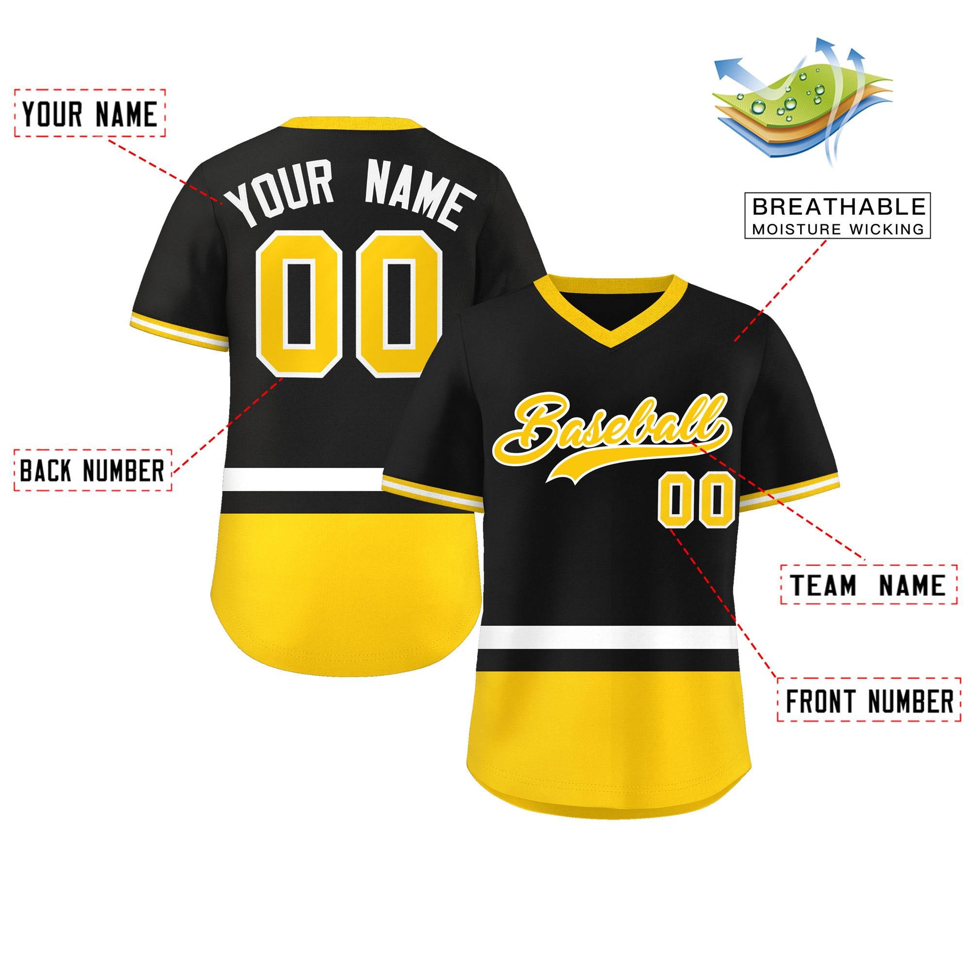 Custom Black White-Gold Color Block Personalized V-Neck Authentic Pullover Baseball Jersey