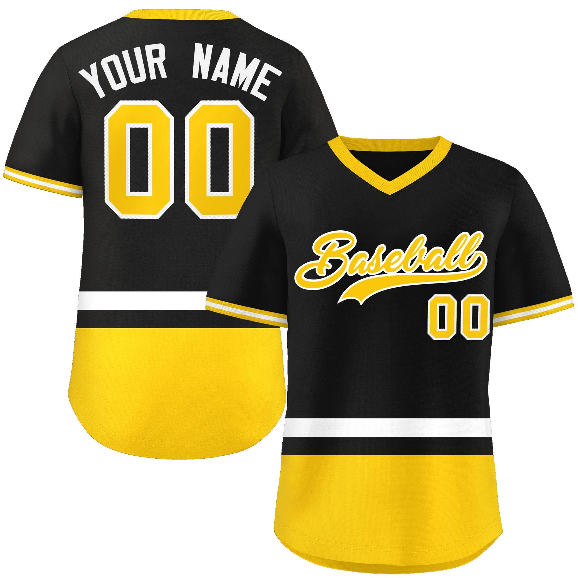 Custom Black White-Gold Color Block Personalized V-Neck Authentic Pullover Baseball Jersey