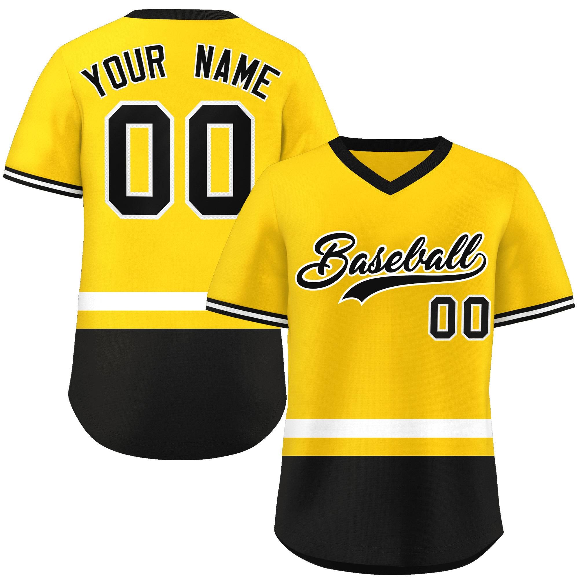 Custom Gold White-Black Color Block Personalized V-Neck Authentic Pullover Baseball Jersey