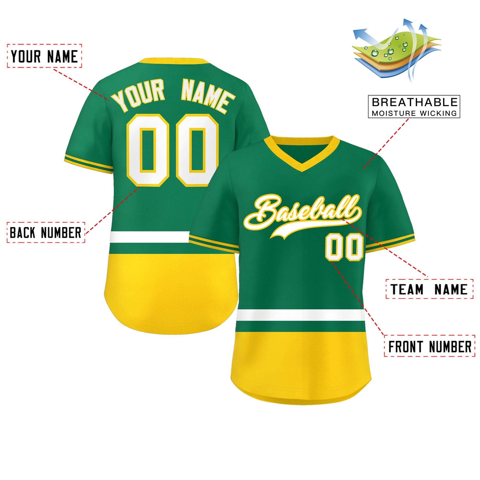 Custom Kelly Green White-Gold Color Block Personalized V-Neck Authentic Pullover Baseball Jersey