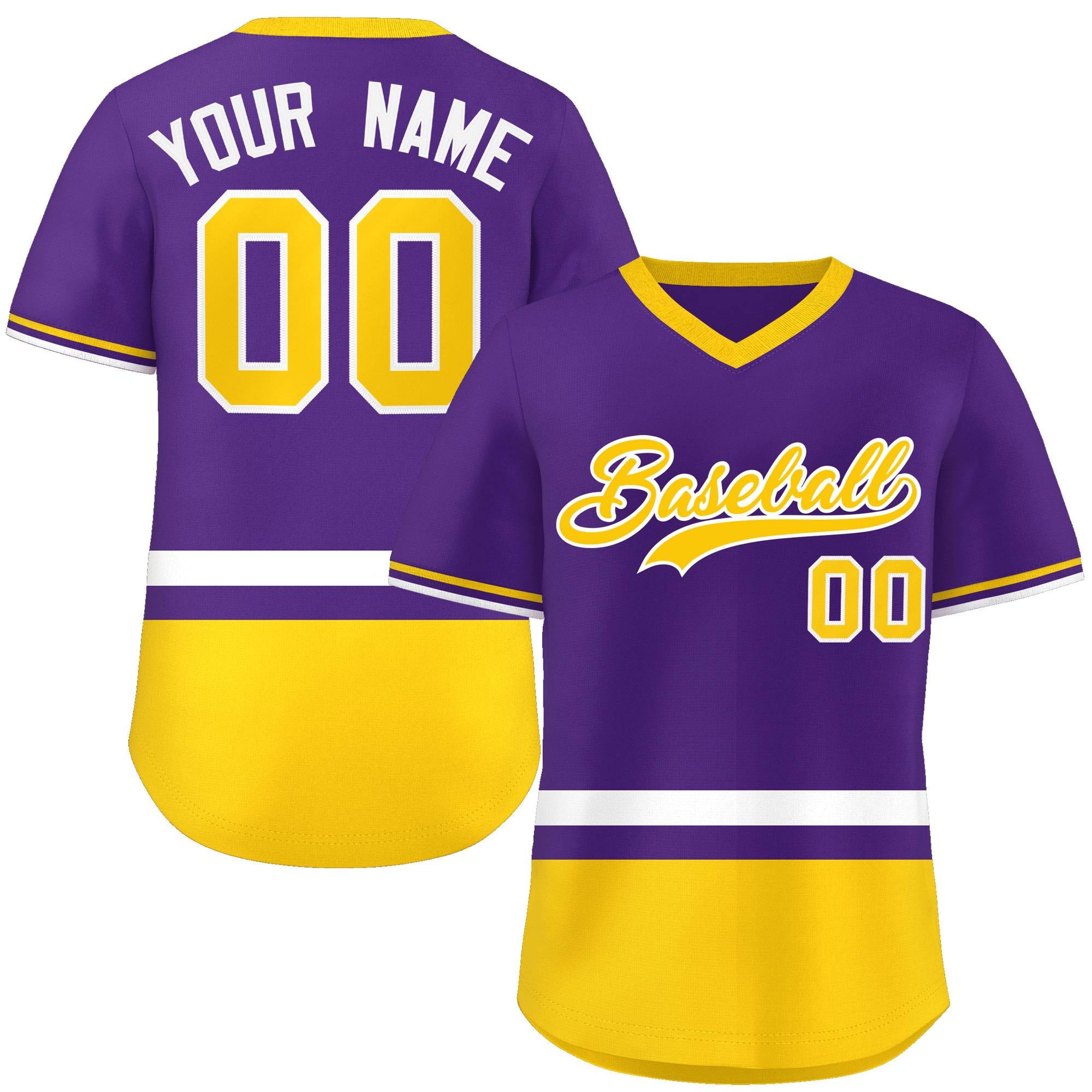 Custom Purple White-Gold Color Block Personalized V-Neck Authentic Pullover Baseball Jersey